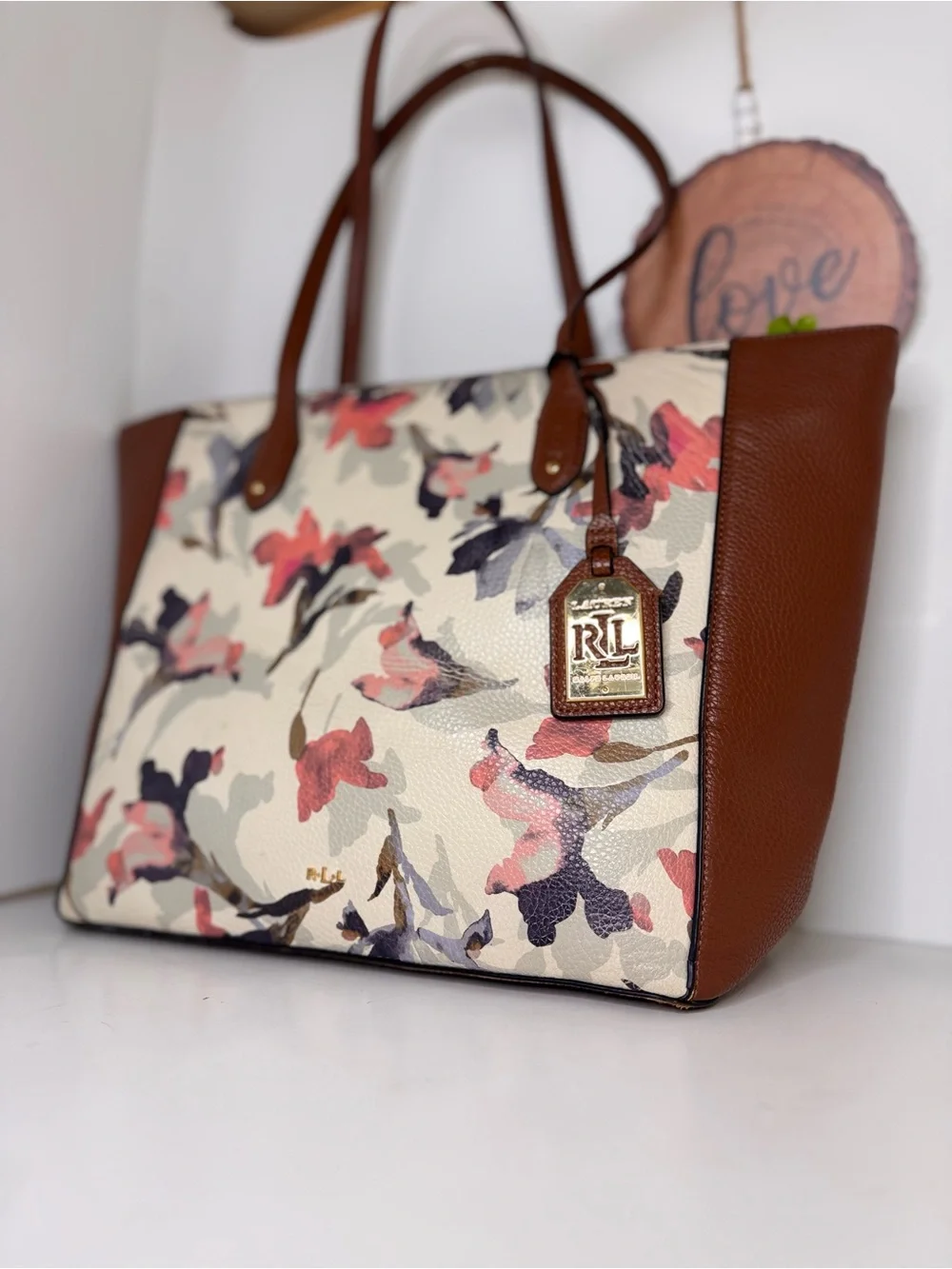 Ralph Lauren Floral Canvas Tote in Cream, Brown, Pink and Navy
